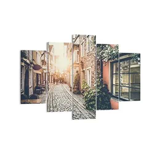 Mehrteilige Bilder auf Leinwand 150x100cm Leinwandbild Straße Haus Leute Groß XXL Wanddeko Bild Schlafzimmer Set 5 teilige Wandbilder Dekoration Wohnzimmer Canvas Wand Kunstdruck Art EA150x100-3631