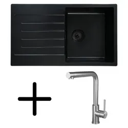 Caressi CAQPP770R10BK-EB Spüle, Einbau mit Küchenarmatur CABL003IU. Schwarz.
