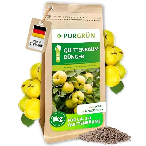 Purgrün Bio Quittenbaum Dünger 1 kg - Obstdünger für gesunde Quittenbäume, mit 2% Magnesium und kaliumreicher Formel für saftige Früchte und nachhaltiges Wachstum.