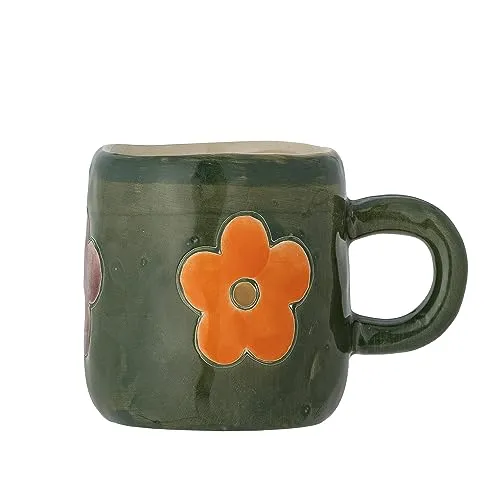 Bloomingville MINI Addy Kindertasse 130 ml – Dunkelgrüne Steingut-Tasse mit Blumenmotiv, handbemalt, für kleine Kinderhände, mikrowellen- & spülmaschinengeeignet, 82060484