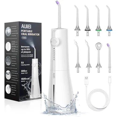 AUIEI Munddusche, tragbar, Wasserfloss, Munddusche 5 Modi und 8 Düsen, Tank 300 ml, USB aufgeladen, wasserdicht IPX7, geeignet für empfindliches Zahnfleisch (weiß)