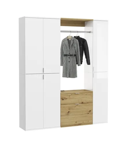 MID.YOU Garderobenkombination PROJEKT X - Modernes Design und Funktionalität - Kommode mit eleganter Weiss Hochglanzfront und Eiche Artisan, bietet reichlich Stauraum durch 3 Drehtüren, eine Schublade und eine praktische Kleiderstange.