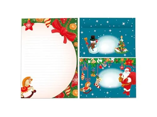 Briefpapier-Set A5 Pferd Tannenbaum Schreibblock liniert mit Umschlag Motiv Weihnachten für Wichtelgeschenk Kinder Jungen Mädchen (1 Block A5 mit 25 Blättern + 15 bunt bedruckte Kuverts)