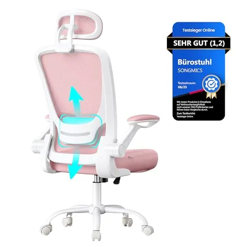 SONGMICS Ergonomischer Bürostuhl mit Mesh, Lenden- und Kopfstütze, klappbare Armlehnen in Pastellrosa