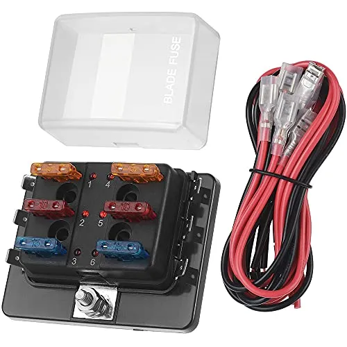 Jtron 6 Fach Sicherungshalter, ATO Sicherungskasten mit LED-Anzeige Schutzabdeckung, DC 12V-32V KFZ Sicherungsblock mit 6 Flach Sicherungen für KFZ,Boot,Marine,SUV