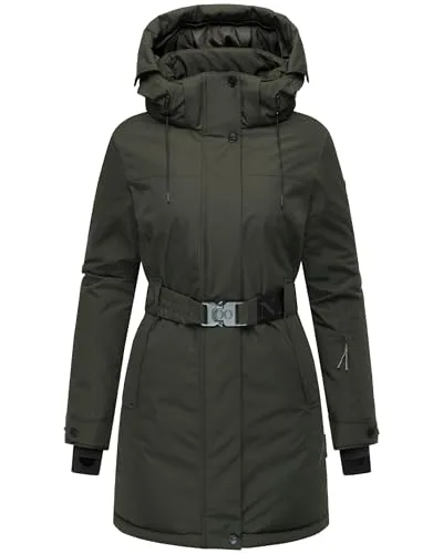 Navahoo Damen Wintermantel warmer Parka mit abnehmbarer Kapuze und Taillengürtel Frostkuss 14 Dark Olive Gr. M