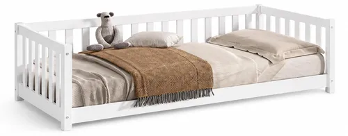 Bodenbett Kapua 90x200 - Flexibles Tagesbett aus Kiefer - Modernes Bodenbett mit umbaubarer Funktion zum Tagesbett. Aus massiver Kiefer in Weiß, inklusive Lattenrost. Ideal für Dachschrägen und als platzsparende Sitzgelegenheit.
