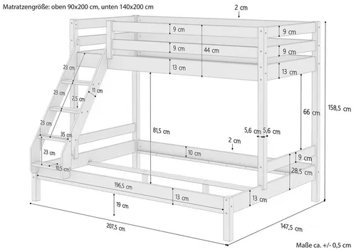 ERST-HOLZ Etagenbett Doppel-Etagenbett 90 x 200 und 140 x 200 für Erwachsene - Etagenbett für Erwachsene, vielseitig nutzbar mit 3 Schlafplätzen, aus massivem Kiefernholz, ideal für Jugendzimmer oder Ferienwohnungen.
