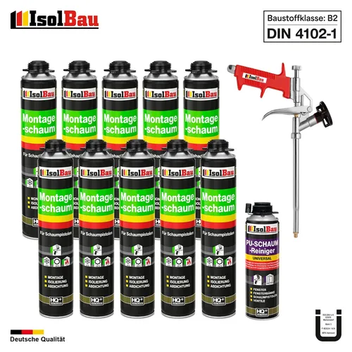 Pistolenschaum Montageschaum Set mit Reiniger und Pistole - Dichtstoffe & Fugenmittel - 10x750ml PU-Schaum, schnell härtend, ideal für Abdichten und Isolieren. Inklusive Schaumpistole und Reiniger für einfache Anwendung.