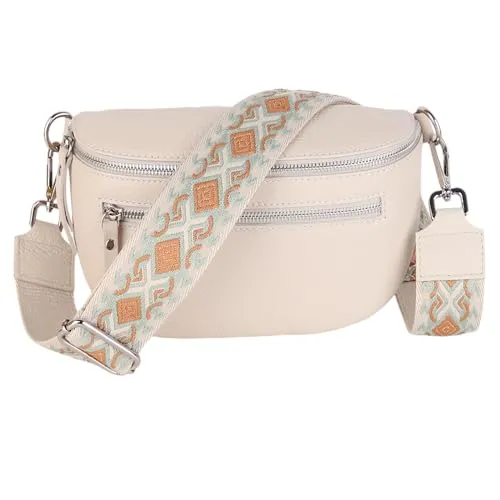 MIRROSI® Damen Bauchtasche Umhängetasche 27x14,5x8cm Damen, Made in Italy, aus Echtleder Tasche Echtes Leder, Brusttasche, Crossbody Bag,Bohemian Style (1 Tasche 2 Gurte) (Beige Rauten Orange)