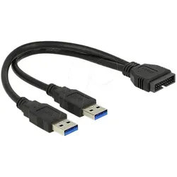 DELOCK 83910 USB 3.0 Kabel – Pinheader Stecker auf 2x USB 3.0 A Stecker, 25cm - Erweitern Sie Ihr System mit diesem 25cm USB 3.0 Kabel von Delock. Ideal für die Verbindung von zwei USB 3.0 A Steckern, bietet es eine hohe Datentransferrate von bis zu 5 Gbps.