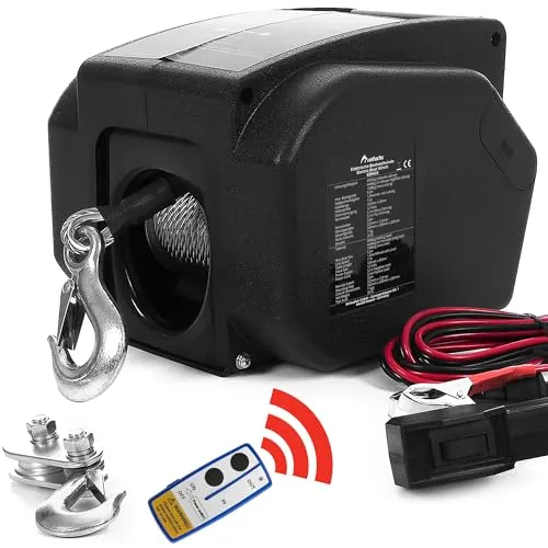 ROTFUCHS Elektrische Seilwinde 12V für Bootstrailer - Elektrische Hebezeuge mit 4990 kg Zugkraft, ideal für Bootstrailer. Inklusive Funkfernbedienung und schnell montierbarer Adapterplatte für einfache Handhabung.
