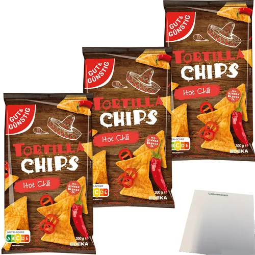 Gut&Günstig Tortilla Chips Hot Chili 3er Pack 3x300g Packung usy Block