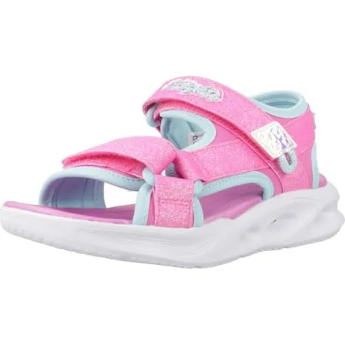 Skechers SOLA GLOW SANDAL - Rosa-Mint Glitzer Sandale mit Blinkfunktion - Sandalen für Kinder mit stylischem Glitzer und Blinkfunktion, ideal für sommerliche Abenteuer und Spaß. Inklusive Größenschablone zum Download.