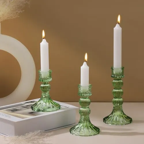 Lewondr Glas Kerzenhalter, 3 Stück einfache Kerzenhalter für Säulen- und Tafelkerzen, Kerzenständer mit vertikalem Streifendesign, Tablet-Kerzenhalter, Festliche Wohnkultur für den Esstisch, Grün