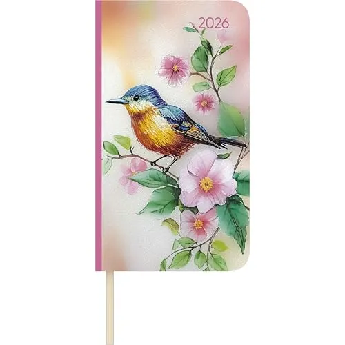 Alpha Edition - Lady Journal Slim Bird 2026 – Taschenkalender 9×16 cm – Weekly – eleganter Wochenplaner mit Notizseiten, Info- & Adressteil – 128 Seiten