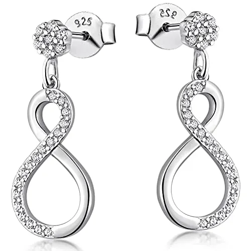 MATERIA Unendlichkeit Ohrringe Silber 925 mit Zirkonia - Hängende Damen Ohrringe aus 925 Sterling Silber, verziert mit funkelnden Zirkonia-Steinen. Die Rhodinierung schützt vor Anlaufen. Inklusive schicker Schmuckbox geliefert.