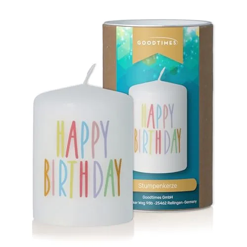 Goodtimes Stumpenkerze Weiß, Text Bunt