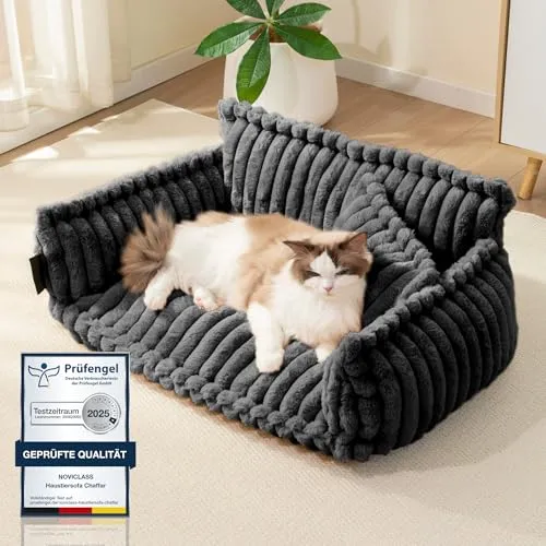 noviclass® Haustiersofa Chaffar | Orthopädisches Katzensofa mit elegantem Cord-Design (M, Kohle) - Betten für Katzen: Das ortopädische Haustiersofa Chaffar bietet ultraweichen Cord-Plüschbezug und entlastet Gelenke – ideal für entspannte Kuschelstunden!
