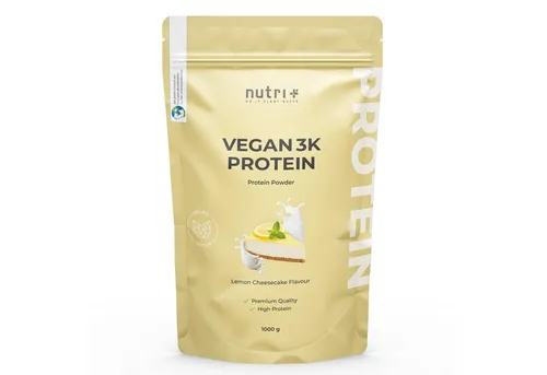 nutri+ Protein Pulver Vegan 3K - 1000 g Pflanzenprotein - Veganes Proteinpulver für optimale Leistung und hervorragenden Geschmack. Mit über 80 % Eiweiß, ideal für Muskelaufbau und Definitionsphase, frei von Laktose und tierischen Inhaltsstoffen.