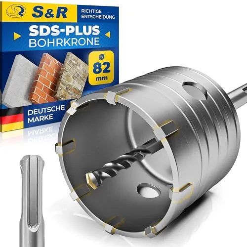 S&R Hohl-Bohrkrone Set Ø 82mm mit SDS plus Adapter 110mm und Zentrierbohrer 8x110mm. Hammerschlagfest, Dosenbohrer, Lochsäge, Steckdosenbohrer, für Bohrhämmer