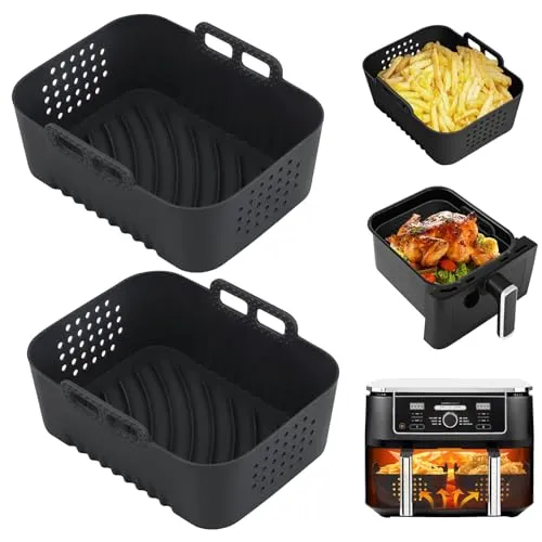 Alyvisun Silikonform Heißluftfritteuse, 2er-Pack Wiederverwendbare Airfryer Silikonform für 7,5L, 9L und 9,5L Körbe, Antihaftbeschichtetes Kochzubehör (Schwarz)