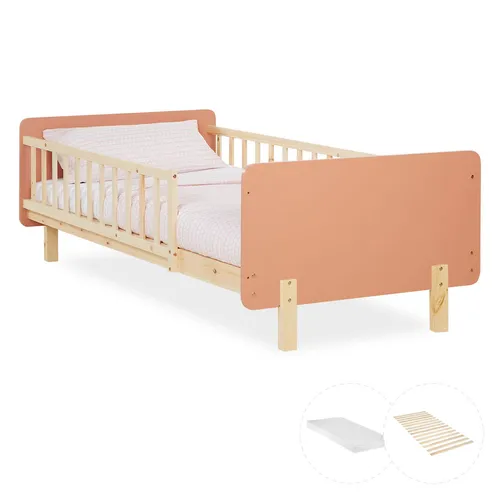Homestyle4u Kinderbett 90x200 mit Rausfallschutz - Betten für Kinder: Charmantes Holzbett in Rot mit Rausfallschutz, inklusive Lattenrost und Matratze für sicheren und komfortablen Schlaf.
