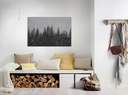 Livingwalls Leinwandbild Wald, 90x60 cm - Schwarz - Stimmungsvolles Leinwandbild in Schwarz mit monochromer Waldlandschaft, ideal für moderne Wohnräume. Minimalistisches Design bringt Tiefe und Natur ins Zuhause.
