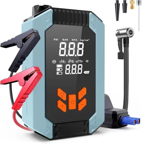 USUIELIGHT Starthilfe Powerbank mit Kompressor, 150PSI 4000A Auto Starthilfe für 9.0L Benzin und 8.0L Diesel, 12V Fahrzeuge Starter Powerbank mit LCD-Display, LED-Taschenlampe, Reifendruckanzeige