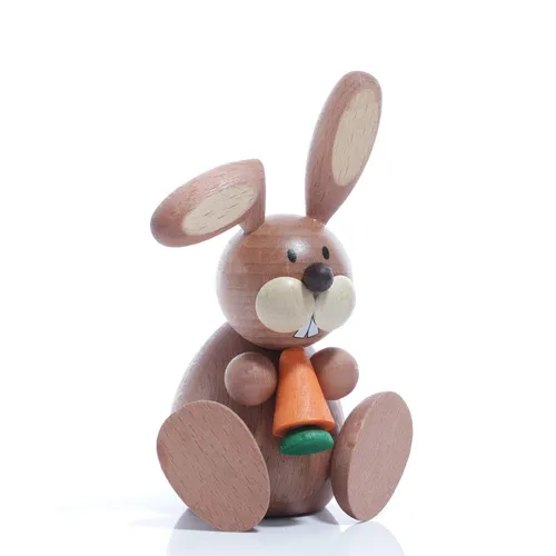 Sitzender Osterhase mit Möhre – bunte Osterdeko - Charmante Osterfigur aus Holz, ideal für die Frühlingsdekoration. Mit einer Höhe von 10,2 cm bringt dieser Osterhase Freude in jedes Zuhause.