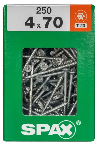 Spax Universalschrauben 4.0 x 70 mm TX 20 - 250 Stk. - Schrauben für vielseitige Anwendungen, rostfrei und besonders stabil – ideal für Heimwerker und Profis.