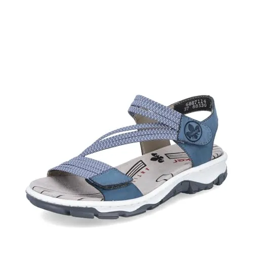 Riemchensandale von RIEKER, blau mit Keilabsatz - Wanderschuhe aus hochwertigem Nubuklederimitat, ideal für Komfort und Stil im Sommer.