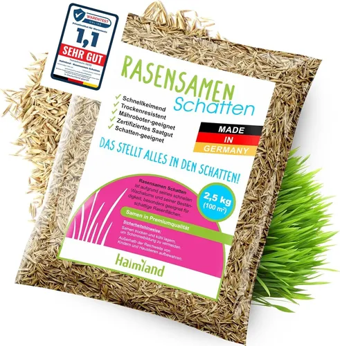 halmland® Rasensamen Schattenrasen schnellkeimend 2,5kg für 100m² - TEST - Premiumrasen für Schattenbereiche - Grassamen trockenresistent Frühjahr - Germany - Schattenrasensamen