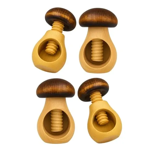 NEUSTANLO Nussknacker Set 4-teilig | Pilz Design in Braun | massives Buchenholz handgefertigt | Schraubgewinde mit dickem Gewinde | klassischer Charme | ideal für Walnüsse & Haselnüsse