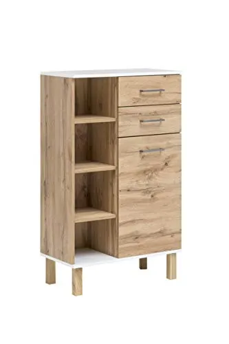 Schildmeyer Highboard 147623 Wido, Eiche Landhaus Dekor/weiß - Hochschrank fürs Wohnzimmer mit stilvollem Eiche Landhaus Dekor, 1 Tür, 2 Schubkästen und 4 offenen Fächern – ideal für dekorative Aufbewahrung und platzsparende Lösungen.