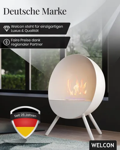 WELCON Echtfeuer-Dekokamin Bergen – Stilvoller Bioethanol Standkamin - Stilvoller Bioethanol Kamin im skandinavischen Design. Einfach aufstellen, Ethanol befüllen und das Flammenspiel genießen. TÜV-zertifizierter Brenner für hohe Sicherheit und rückstandsfreies Verbrennen.