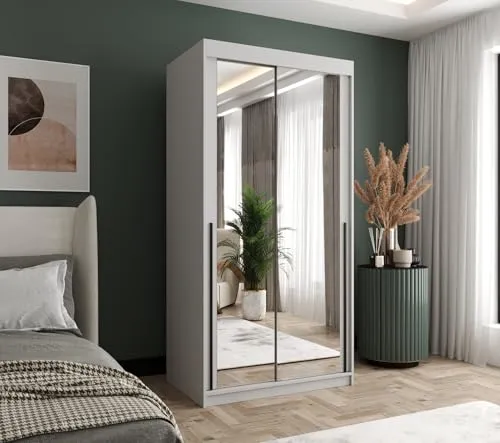Home Collective Schwebetürenschrank 2-türig mit Spiegel und Einlegeböden - Weiß/Schwarz - Moderner Schwebetürenschrank mit großzügiger Spiegelfront, ideal für platzsparende Lösungen. Er bietet durchdachte Innenausstattung mit Kleiderstangen und Einlegeböden für optimalen Stauraum und passt sich perfekt Ihrer Einrichtung an.