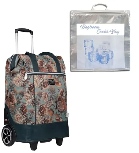 Punta Big Wheel Einkaufsroller mit Thermotasche – Grün Gold Flower 5808 - Praktischer Einkaufsroller mit großem 40 Liter Hauptfach und extra leiser, wechselbarer Großräder. Inklusive isolierter Thermotasche für längere Frische. Ideal für den Markt oder die Sauna.