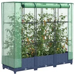 vidaXL Hochbeet mit Gewächshaus-Aufsatz - Pflanzbeet in Rattan-Optik, stabiler Eisenrohr-Rahmen und wasserfeste Abdeckung für optimalen Pflanzenschutz
