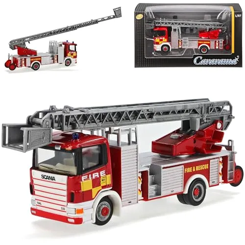 Cararama Scania Feuerwehr mit ausfahrbarer Drehleiter LKW 1/87 Modell Auto