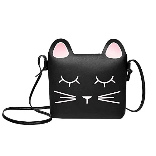 whatUneed Nette kleine Mädchen Umhängetasche Handtasche Geldbörse, Prinzessin Mini Taschen, Cat Cross Body Messenger Bag (black)