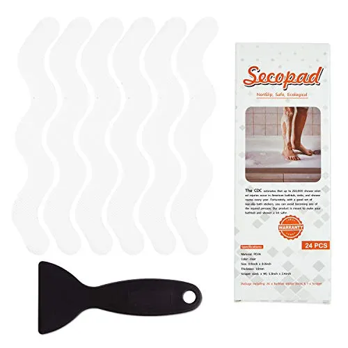 Secopad Anti-Rutsch Aufkleber 24 Stk Sicherheitsstreifen für Badewanne, Klebende Sticker mit Premium Schaber für Badewanne, Dusche, Treppe (Weiß)