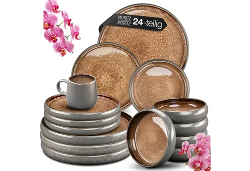 Moritz & Moritz Tafelservice SOLID 24tlg Geschirrset Beige für 6 Personen - Elegantes 24-tlg. Kombigeschirr aus Steinzeug für 6 Personen, spülmaschinen- und backofenfest. Jedes Stück ist ein Unikat dank reaktiver Glasur – perfekt für besondere Anlässe oder den täglichen Gebrauch.