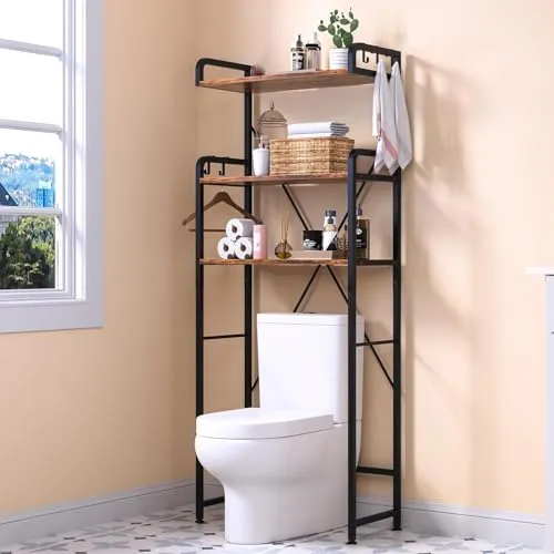 Huhote Toilettenregal, Waschmaschinenregal, WC Regal über Wasserklosett Waschmaschine, 3 Ebenen Badezimmerregal, Bad-Organizer mit 5 Haken, Platzsparend, für Waschküche Badezimmer Toilette, Braun