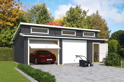 Lasita Garage Stufendach 44 mm Hawaii mit Schwingtor grau 820x520 cm - Gartenhäuser, Geräteschuppen & Carports - Robuste Blockbohlenkonstruktion mit 5 Jahren Garantie und abschließbarem Schwingtor für optimale Sicherheit und Stauraum.