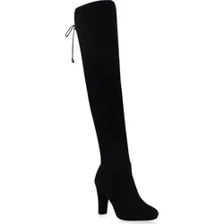 Mytrendshoe Modische Damen Overknees mit Schleifen und Perlen - Wanderschuhe für Damen, stilvolle Overknees aus Kunstleder mit elegantem Trichterabsatz und besonderen Schleifen- sowie Zierperlendetails, ideal für Herbst und Winter.