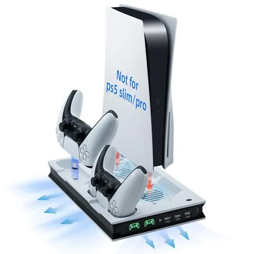 Mcbazel PS5 Lüfter mit Ladestation - Multifunktionale Kühlstation für PS5 UHD/Digital Edition, mit leistungsstarkem Hochgeschwindigkeitslüfter und Dual-Controller-Ladung. Hält die Konsole kühl und verlängert die Lebensdauer.