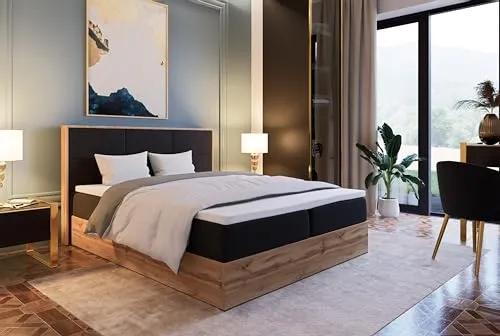 Marlux-Meble Boxspringbett 180x200 mit Matratze und Bettgestell - Polsterbett 180x200 mit Bett Kopfteil Matratzen Topper und Bettkasten (Leoni II, Schwarz)