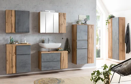 VASTO-03-CONCRETE Badezimmer Komplett Set in Wotan Eiche Nb. mit LED Beleuchtung