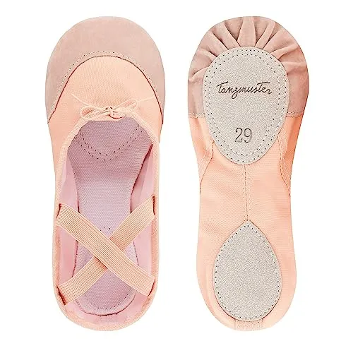 tanzmuster ® Ballettschuhe Mädchen Ballettschläppchen - Robin - Geteilte Ledersohle - weich und atmungsaktiv, Rosa-Apricot, Größe 23